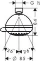 Hauptansicht einer runden Kopfbrause von Hansgrohe mit integriertem Aufhängungsmechanismus und grafischen Maßangaben. Design und Form sind klar erkennbar.